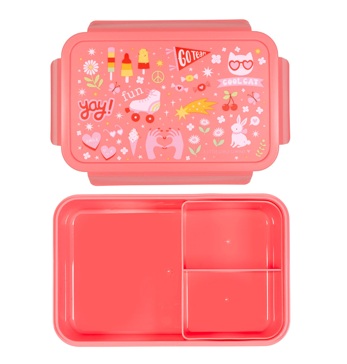 binnenkant  van rood roze bento lunchbakje met vrolijke opdruk op deksel 