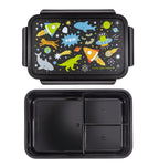 Binnenkant van zwart Galaxy bento lunchdoos met stoere opdruk op deksel met dino, haai en raket