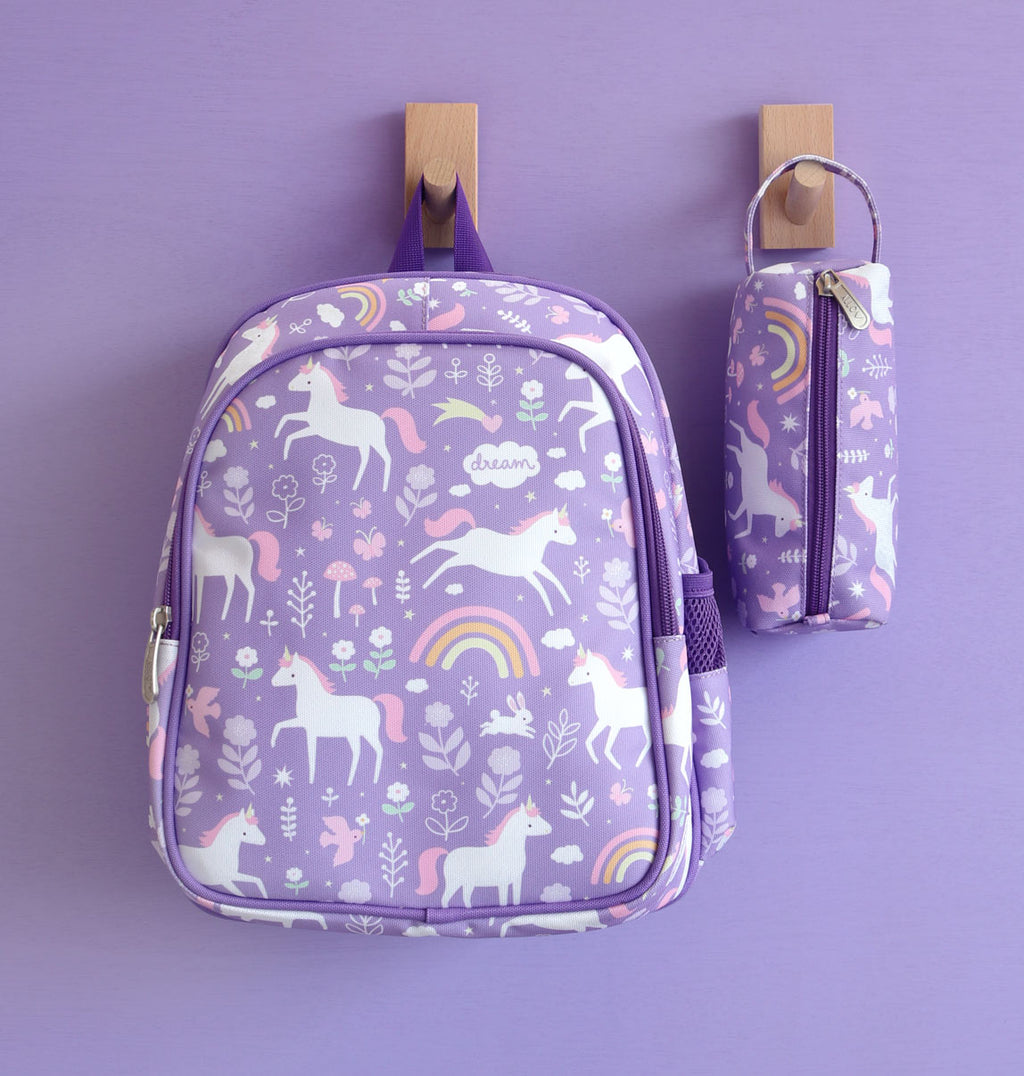 paarse unicorn rugzak met bijpassend etui