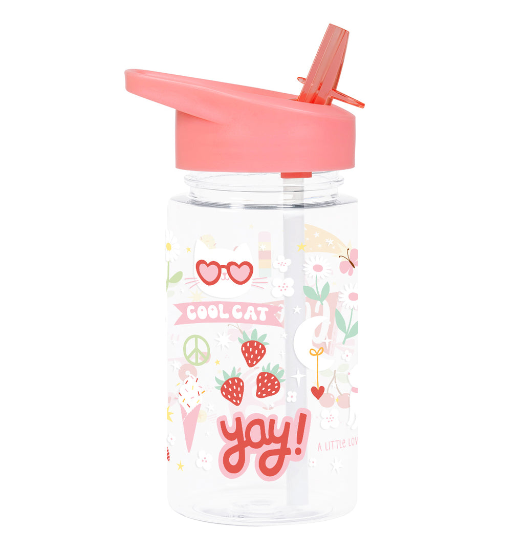 transparante drinkfles met roze dop en vrolijke print voor kinderen