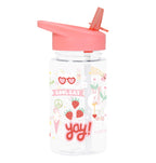 transparante drinkfles met roze dop en vrolijke print voor kinderen