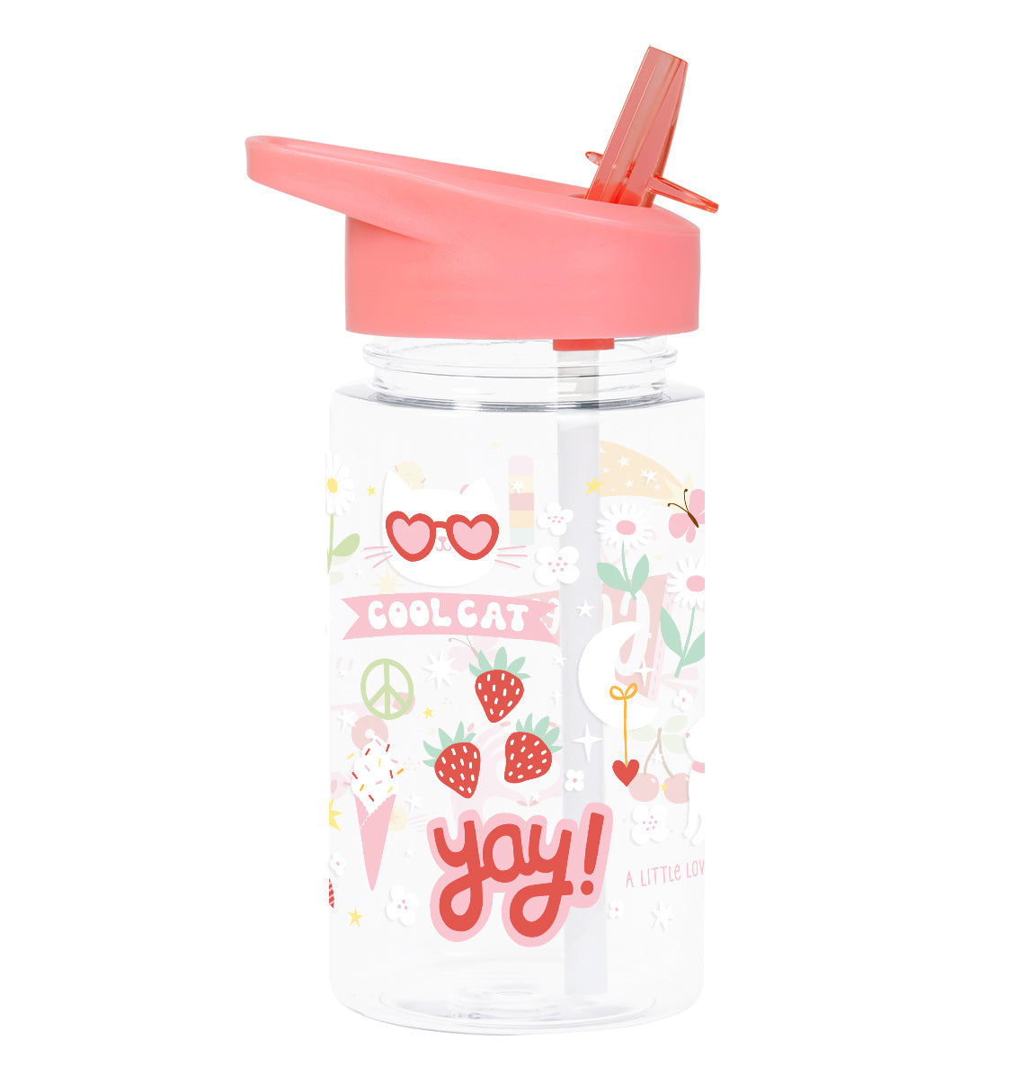 transparante drinkfles met roze dop en vrolijke print voor kinderen