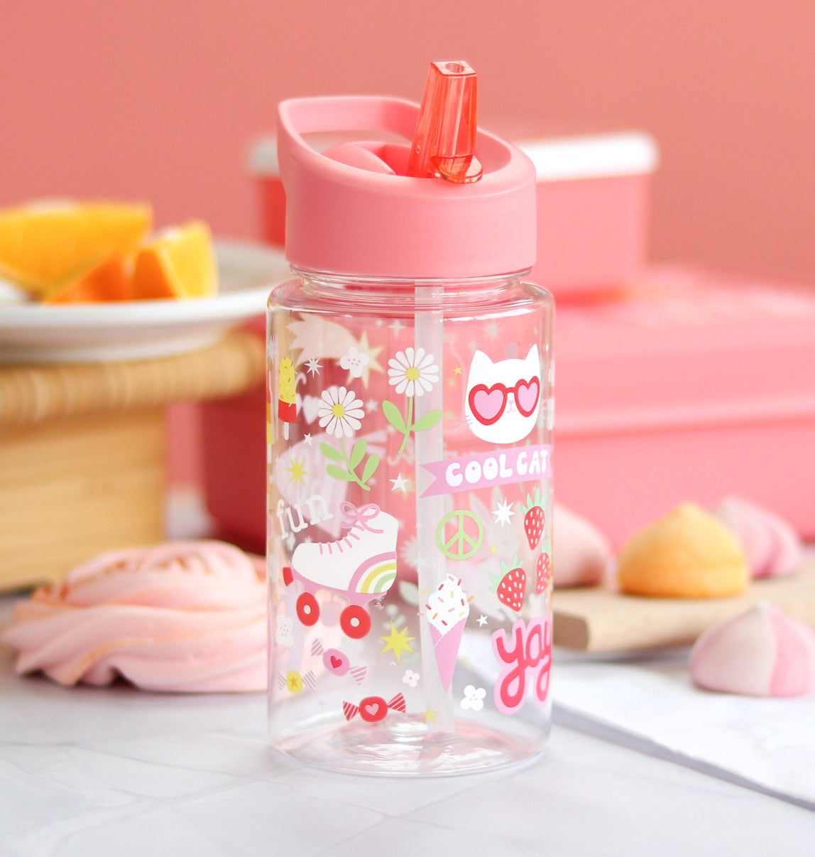 transparante drinkfles met roze dop en vrolijke print voor kinderen