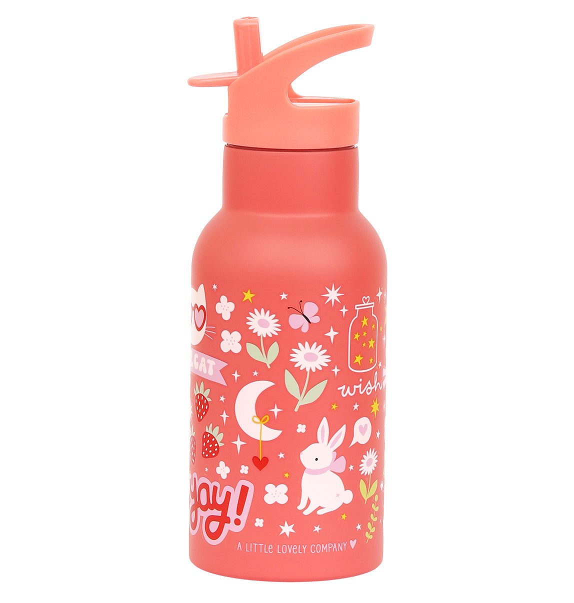 Koraalroze RVS drinkfles 350ml met vrolijke Fun print