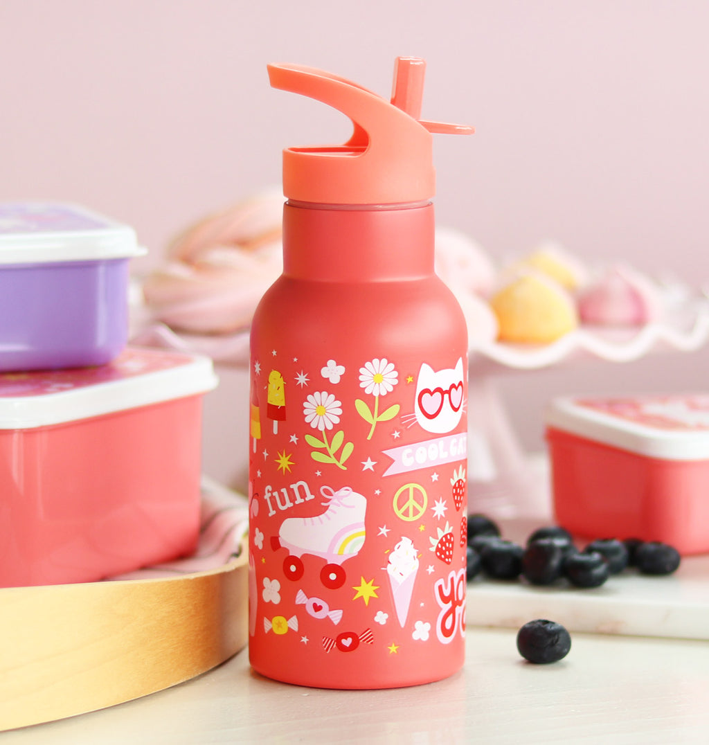 350ml thermosfles voor kids met drinktuit in het koraalroze met vrolijke opdruk