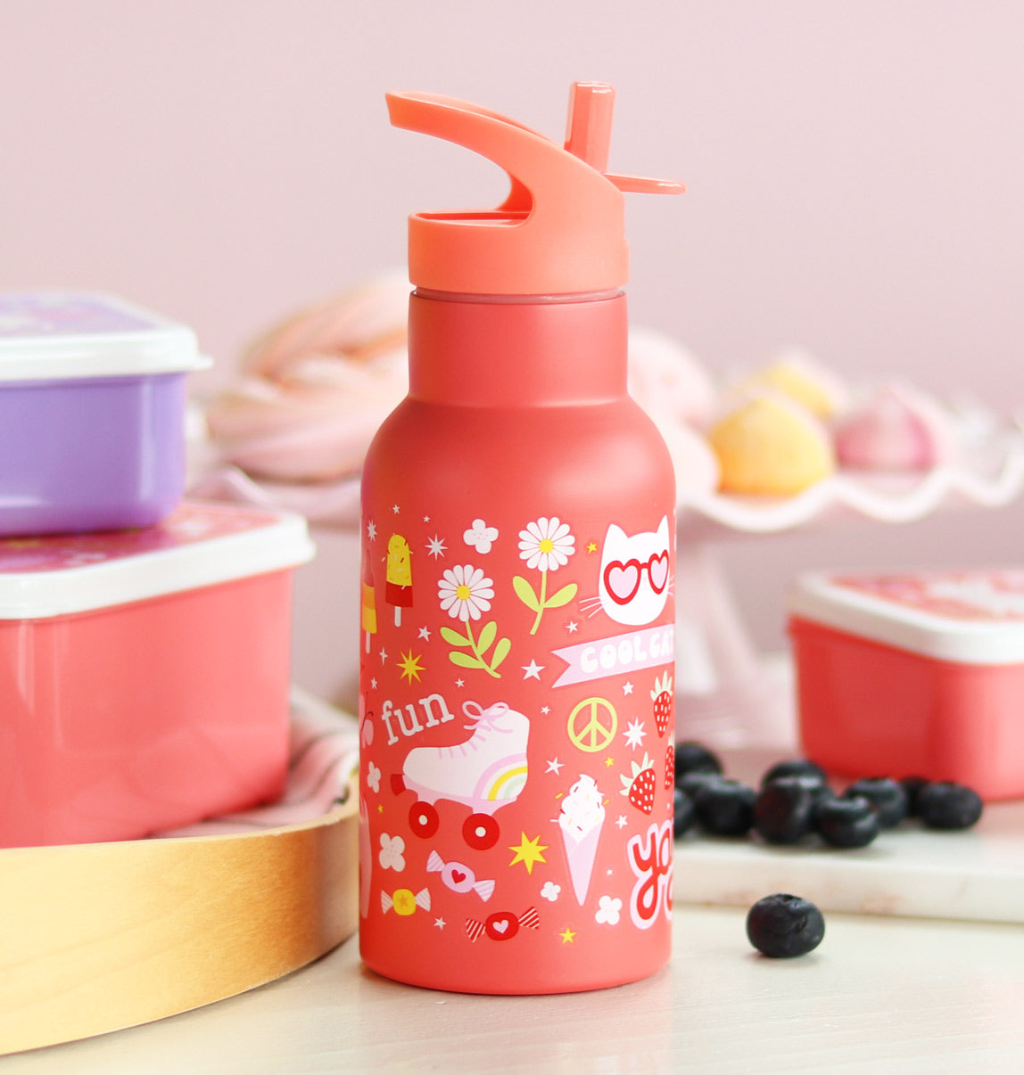 350ml thermosfles voor kids met drinktuit in het koraalroze met vrolijke opdruk
