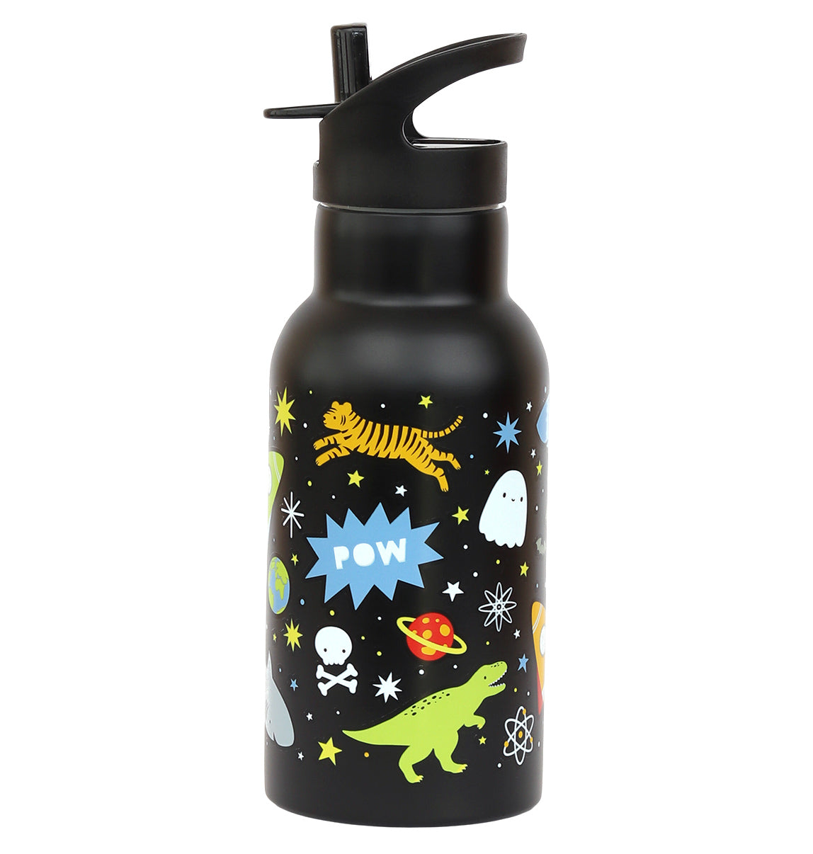 zwarte RVS drinkfles voor kids met dino en tijger