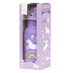 paarse eenhoorn 350ml drinkfles van RVS voor kids met eenhoorn en regenboog in verpakking