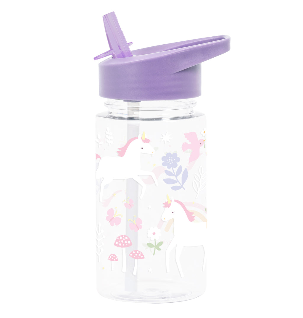 transparante drinkfles met paarse dop en vrolijke print voor kinderen ui de eenhoorn collectie