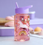 transparante drinkfles met paarse dop en vrolijke print voor kinderen