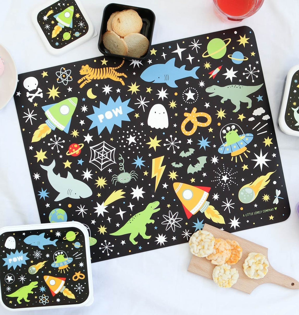 Zwarte Galaxy placemat met broodbakjes