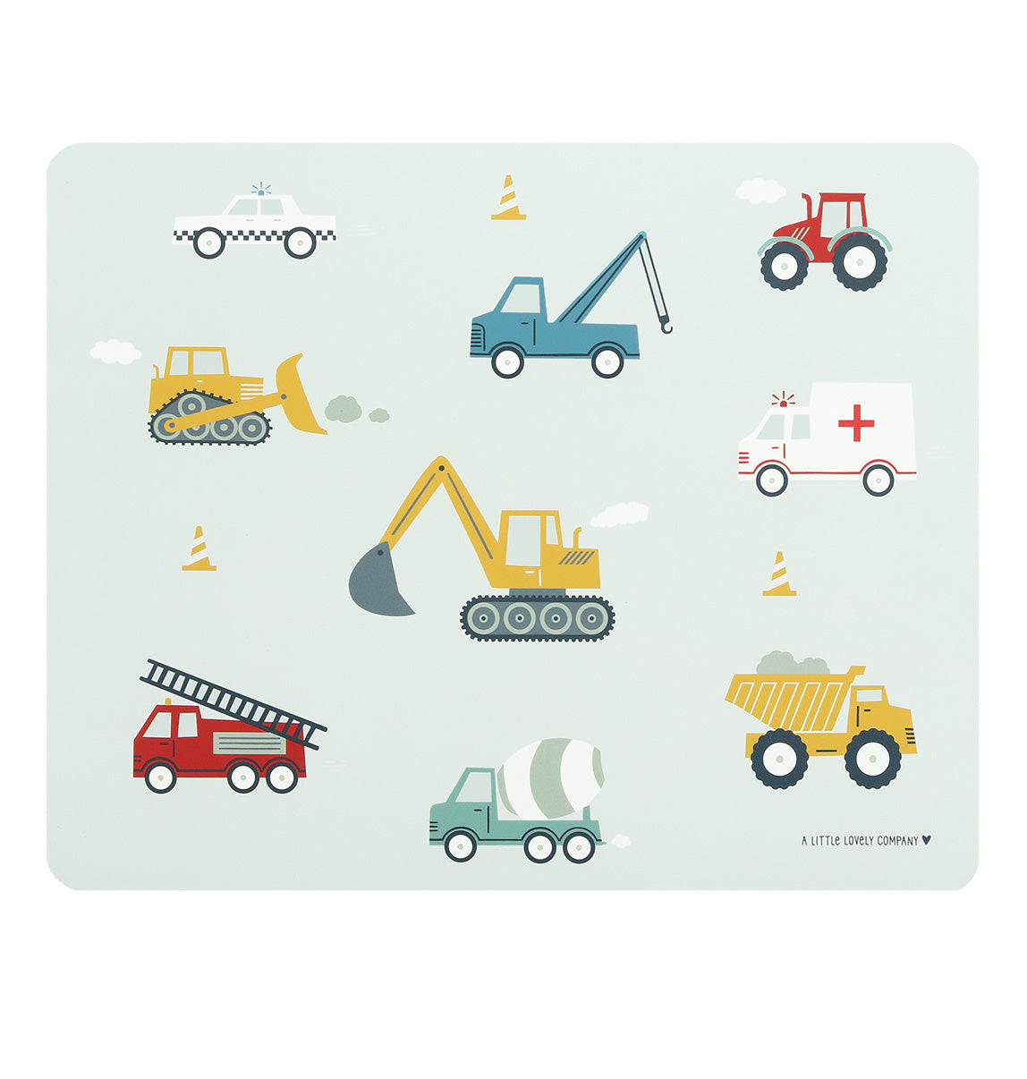 grijze placemat voor kids met trucks en tractors van a little lovely company