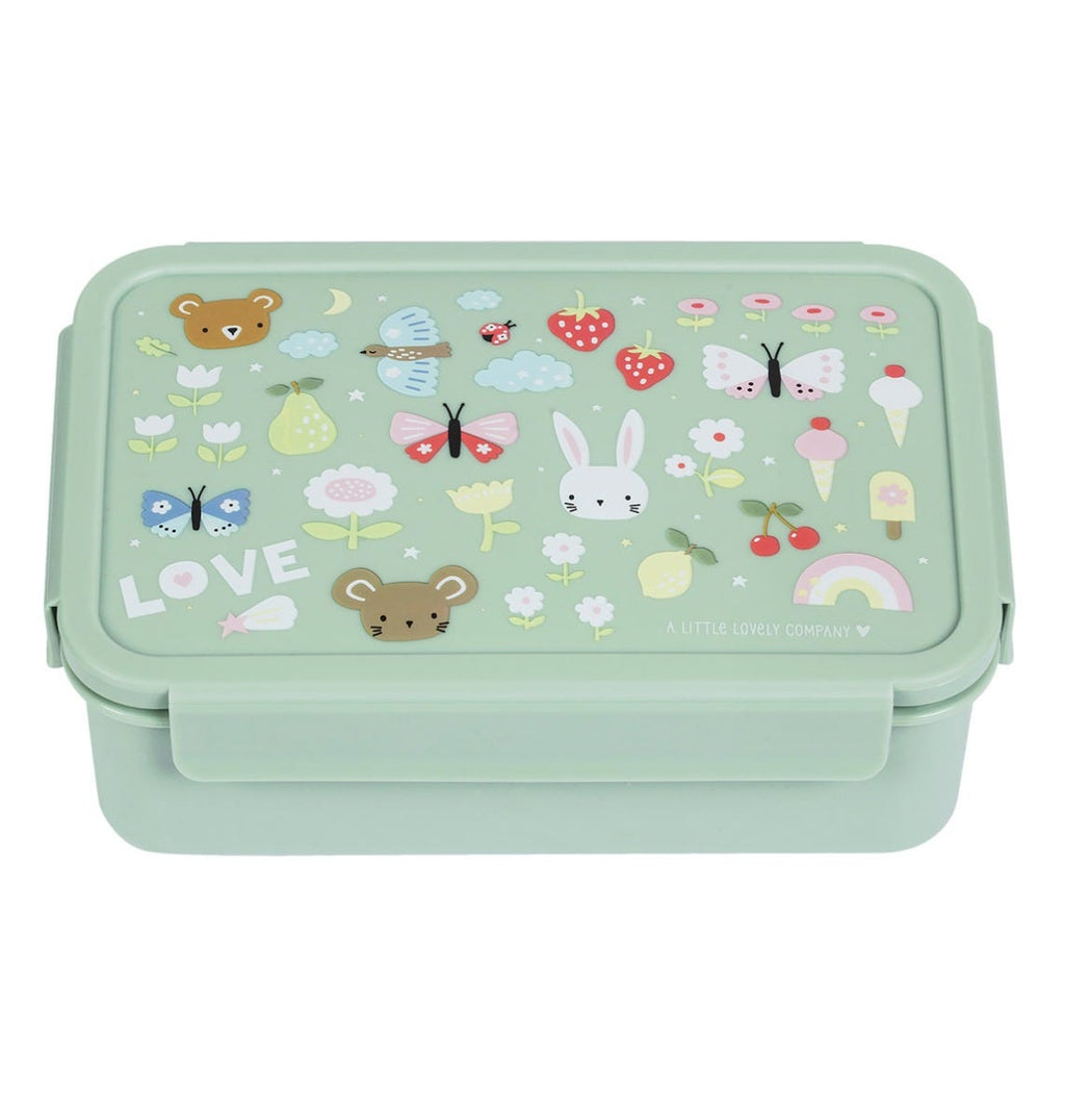 mintgroen bento lunchbakje brooddoos met vrolijke print op de deksel van a little lovely company