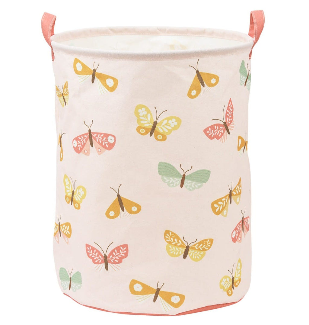 stoffen opbergmand voor opbergen van speelgoed op de kinderkamer met vlinders design van a little lovely company