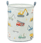 lichtblauwe stoffen opbergmand met voertuig print van a little lovely company