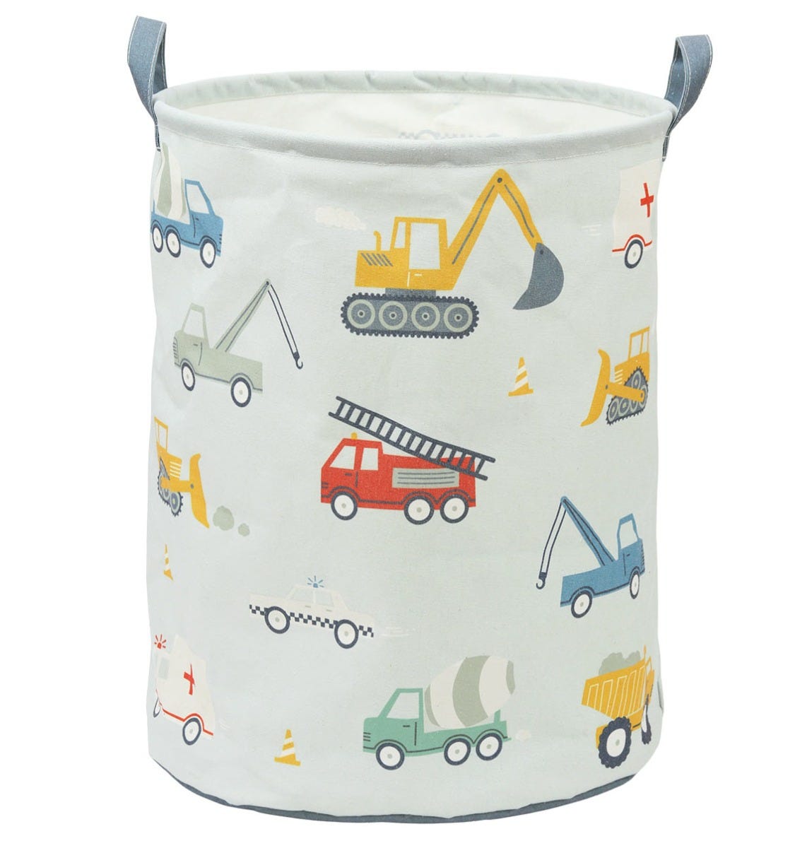 lichtblauwe stoffen opbergmand met voertuig print van a little lovely company